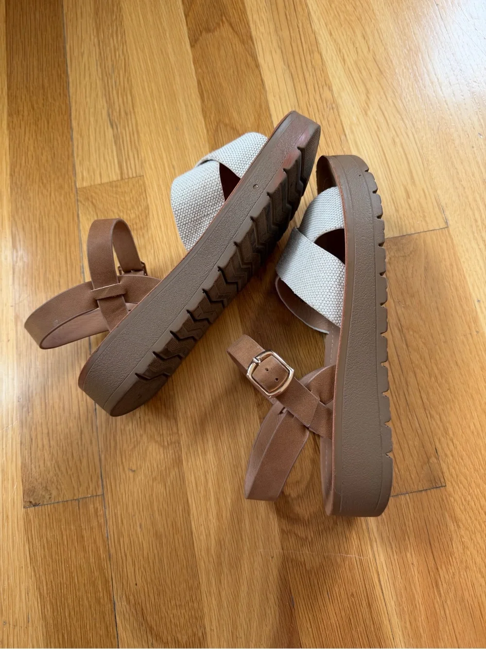 Girls Tan and Cream Strappy Platform Sandals